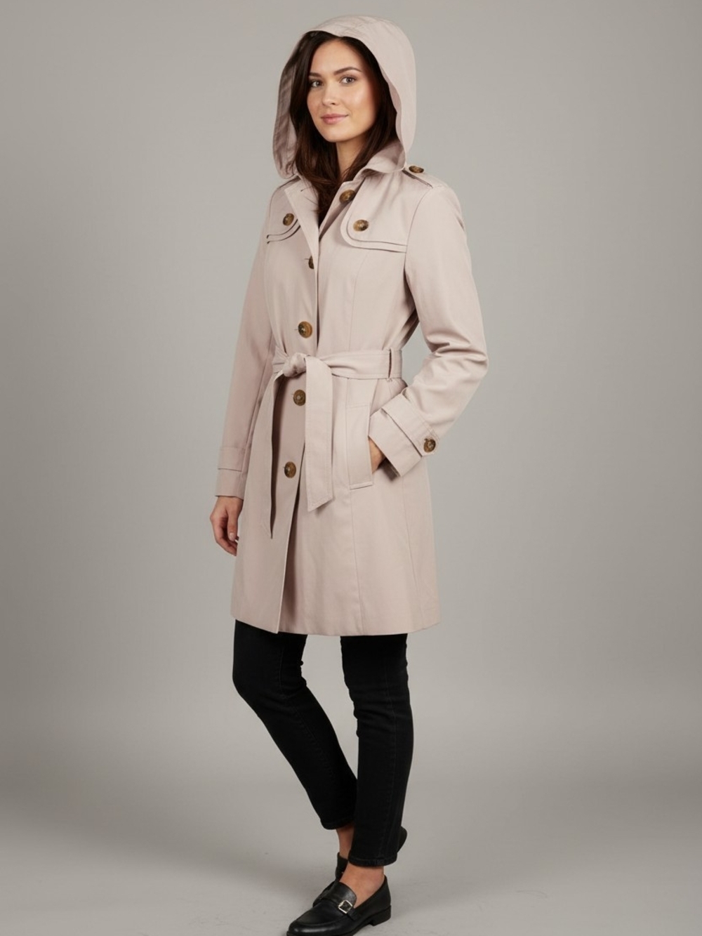 London Fog Blush Hooded Trench Coat with Tie Waist
